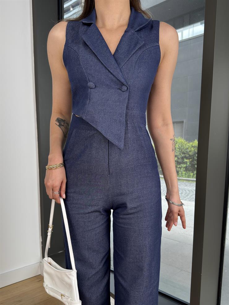 Kruvaze Yaka Düğme Kapamalı Bol Paça Jandi Mavi Kadın Tulum 25Y265