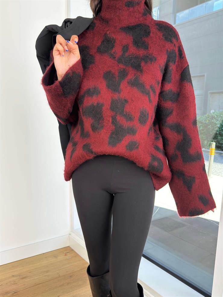 Balıkçı Yaka Geniş Desenli Janka Bordo Kadın Kazak 25K184