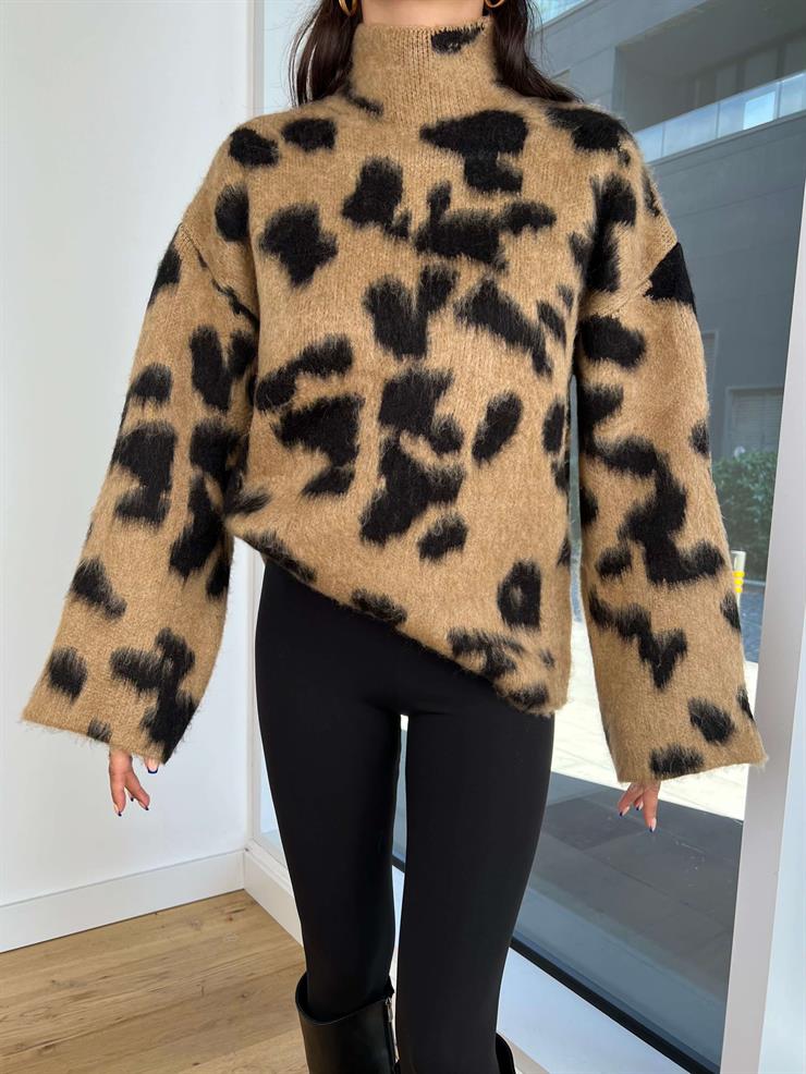 Balıkçı Yaka Geniş Desenli Janka Kahve Kadın Kazak 25K184