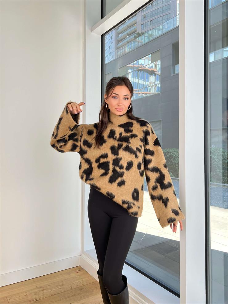 Balıkçı Yaka Geniş Desenli Janka Kahve Kadın Kazak 25K184