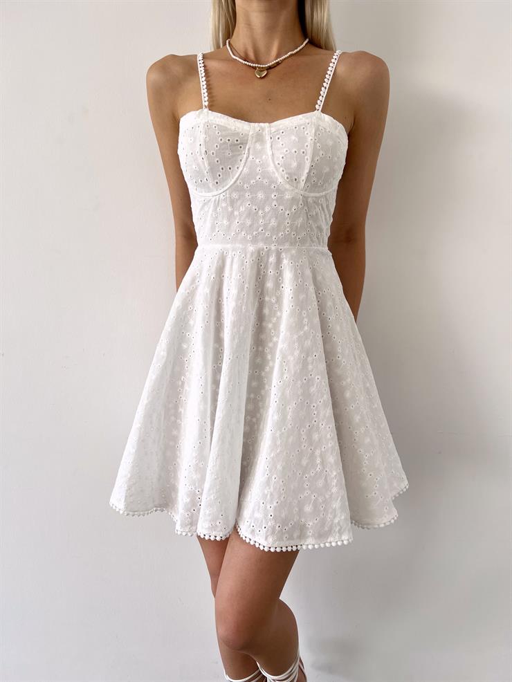 İnce Askılı Güpür Jannik Kadın Beyaz Mini Elbise 23Y000501