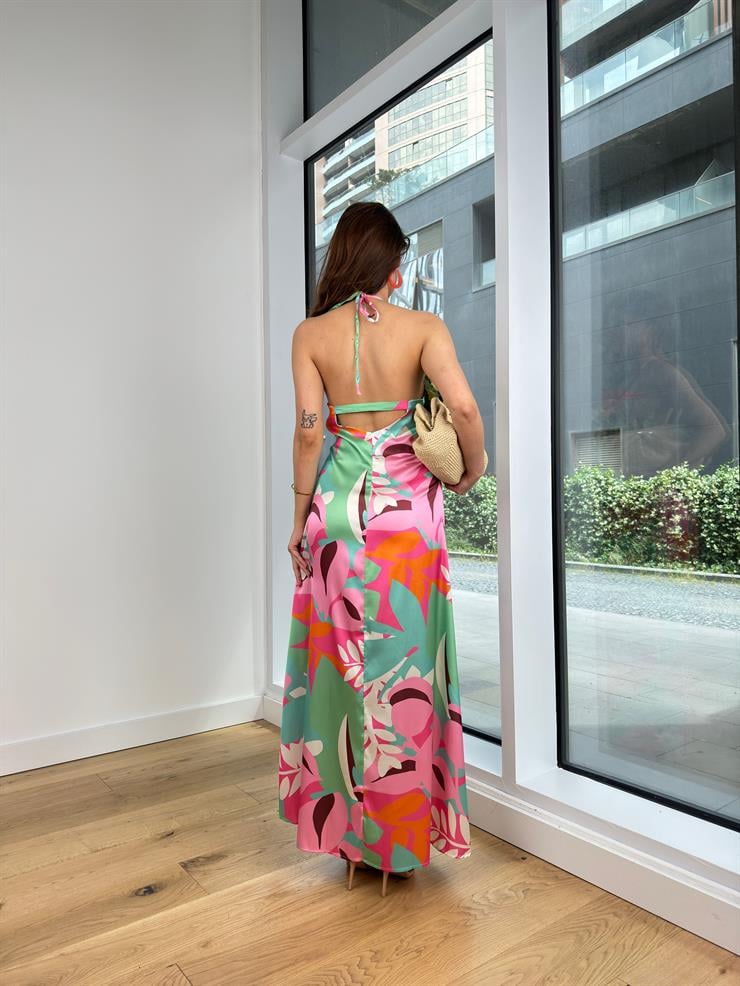 V Yaka Boyundan Askılı Sırt Dekolteli Jannıke Kadın Renkli Elbise 24Y609