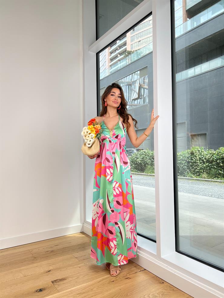 V Yaka Boyundan Askılı Sırt Dekolteli Jannıke Kadın Renkli Elbise 24Y609