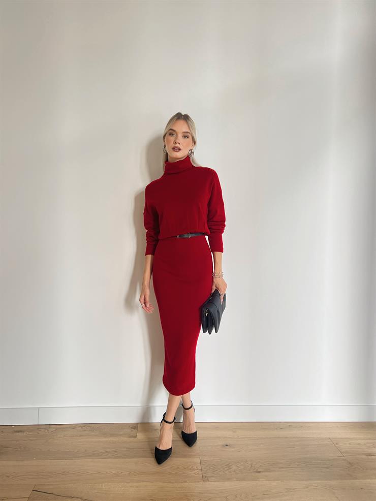 Boğazlı Uzun Kollu Jansen Kadın Kırmızı Elbise 24k000092