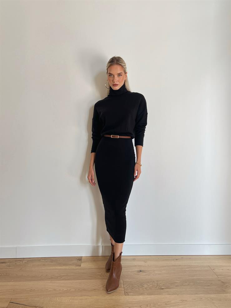 Boğazlı Uzun Kollu Jansen Kadın Siyah Elbise 24k000092