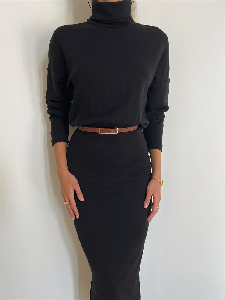 Boğazlı Uzun Kollu Jansen Kadın Siyah Elbise 24k000092