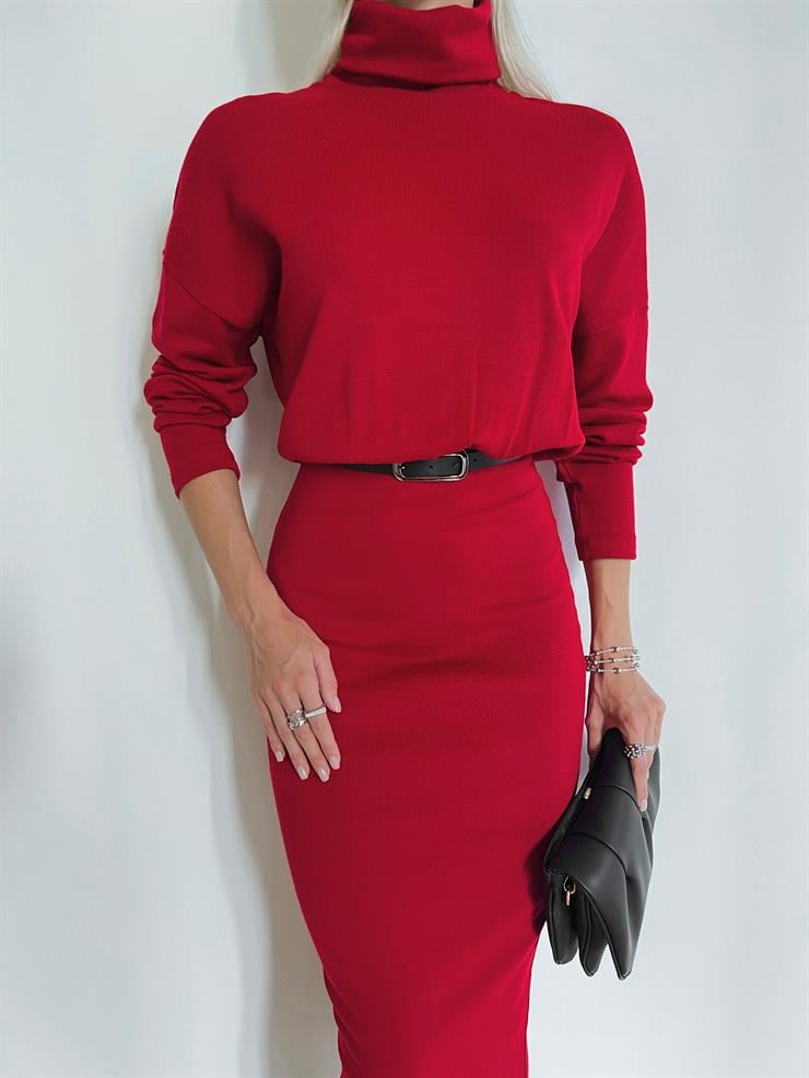 Boğazlı Uzun Kollu Jansen Kadın Kırmızı Elbise 24k000092