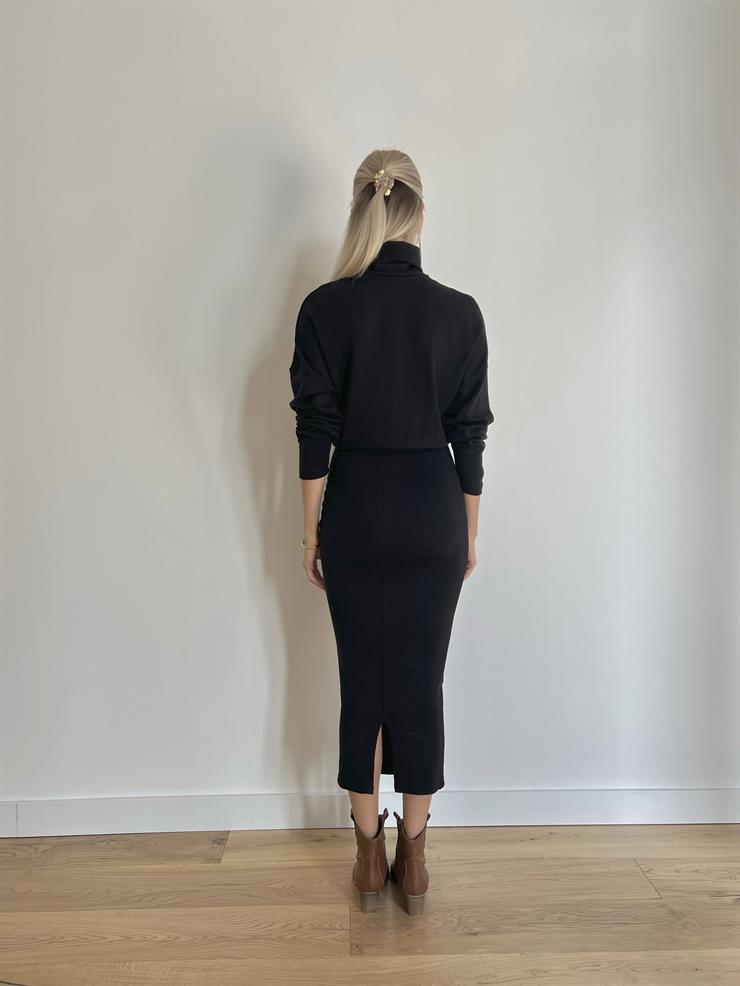 Boğazlı Uzun Kollu Jansen Kadın Siyah Elbise 24k000092