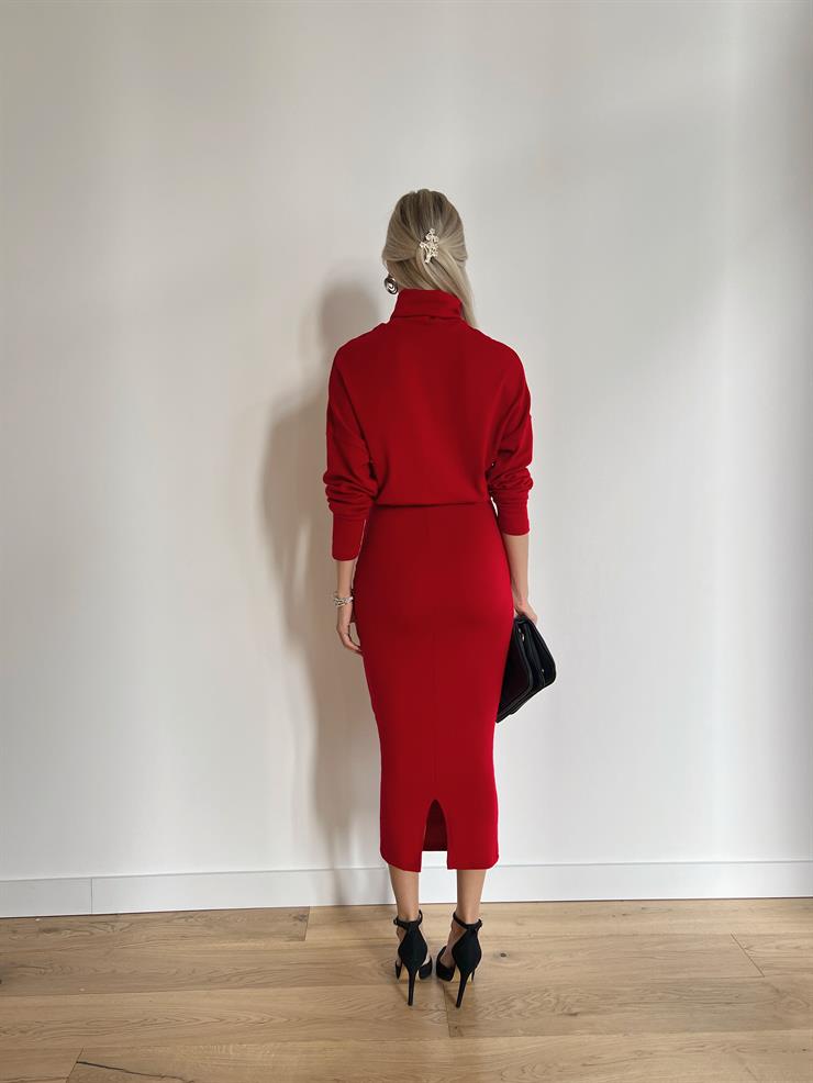 Boğazlı Uzun Kollu Jansen Kadın Kırmızı Elbise 24k000092