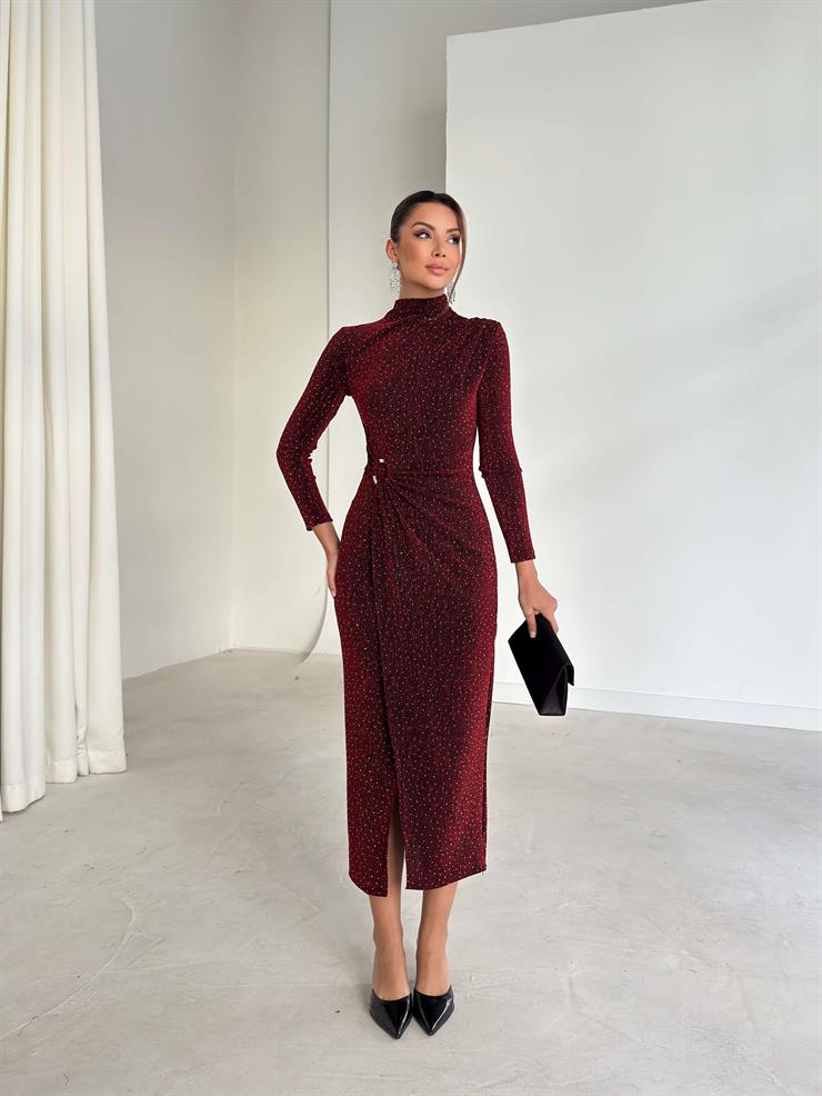 Aksesuarlı Parlak Kruvaze Kesim Drape Detaylı Jasper Kırmızı Kadın Elbise 26K280