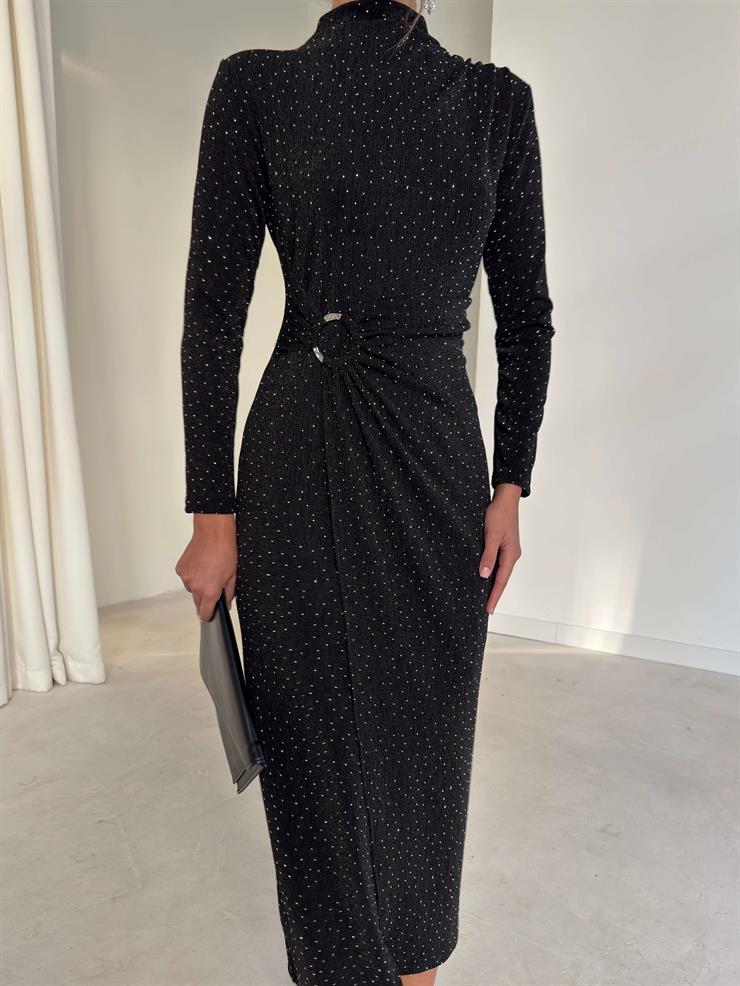 Aksesuarlı Parlak Kruvaze Kesim Drape Detaylı Jasper Siyah Kadın Elbise 26K280