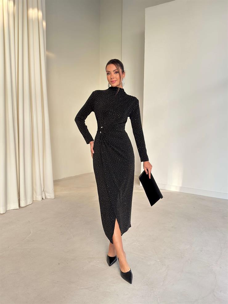 Aksesuarlı Parlak Kruvaze Kesim Drape Detaylı Jasper Siyah Kadın Elbise 26K280