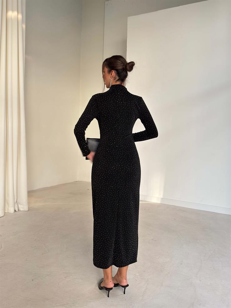 Aksesuarlı Parlak Kruvaze Kesim Drape Detaylı Jasper Siyah Kadın Elbise 26K280