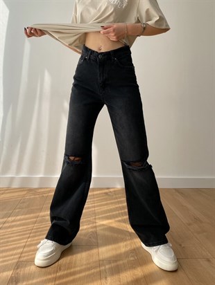 Dizleri Yırtık Bol Paça Kadın Antrasit Jean Pantolon 21Y000222