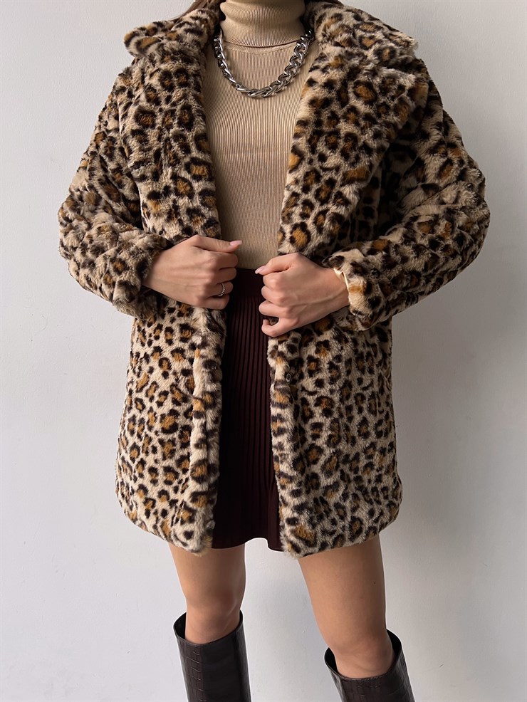 Leopar Desenli Çıtçıt Kapamalı Jediel Kadın Kürk Mont 23K000269