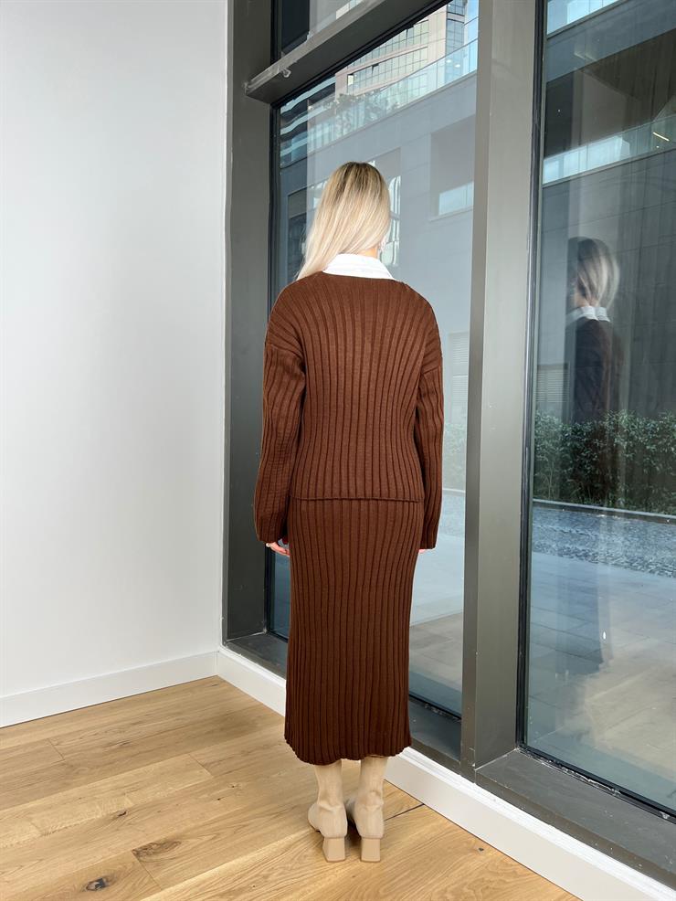 V Yaka Kazak Yüksek Bel Etek Jeesi Kadın Kahve Triko Takım 24k000155