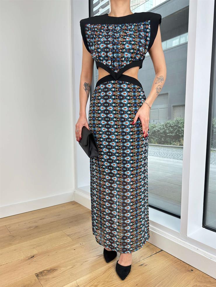 Omuz Vatkalı Beli Pencere Detaylı Jeff Kadın Renkli Maxi Elbise 24Y310