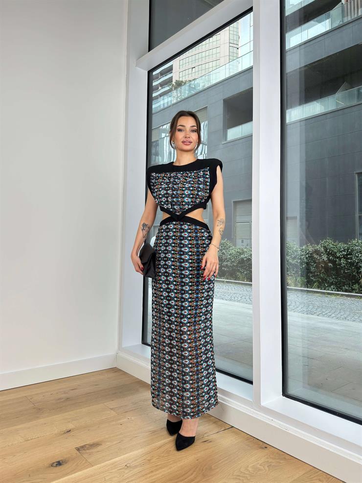 Omuz Vatkalı Beli Pencere Detaylı Jeff Kadın Renkli Maxi Elbise 24Y310