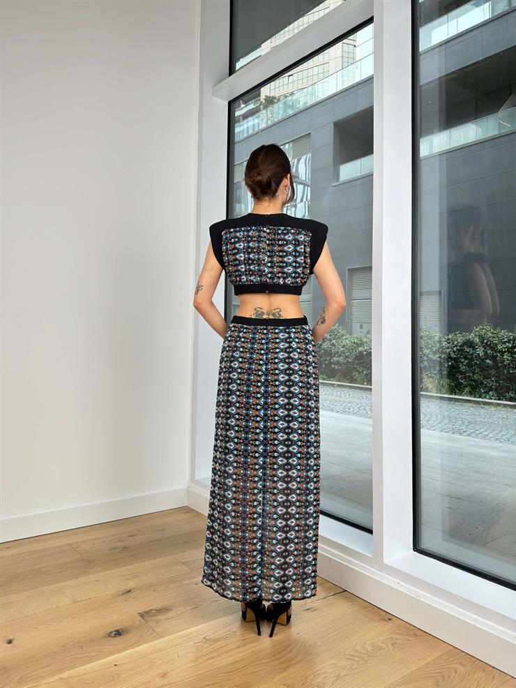 Omuz Vatkalı Beli Pencere Detaylı Jeff Kadın Renkli Maxi Elbise 24Y310