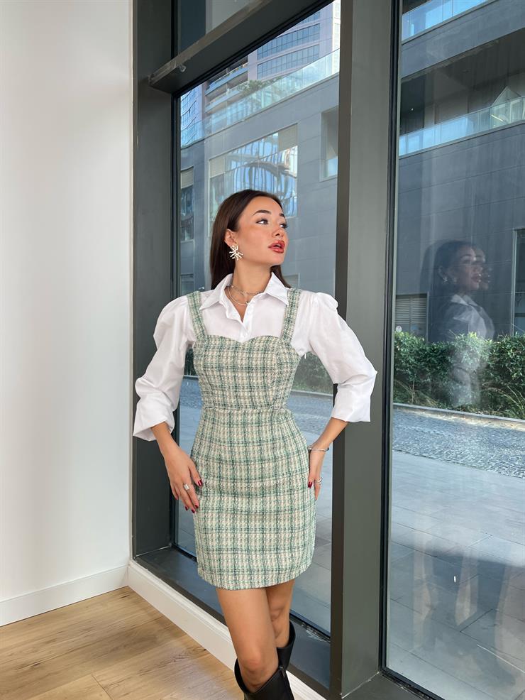 Kalın Askılı içi Gömlekli Jefferson Kadın Yeşil Tüvit Mini Elbise 24k000093