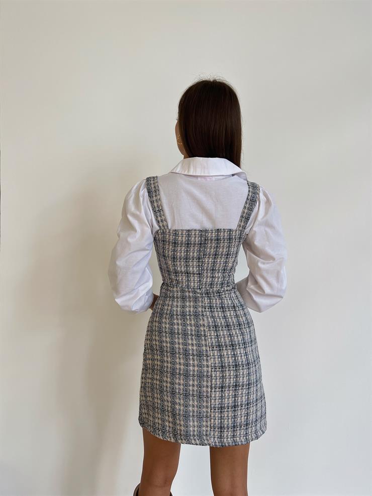 Kalın Askılı içi Gömlekli Jefferson Kadın Mavi Tüvit Mini Elbise 24k000093
