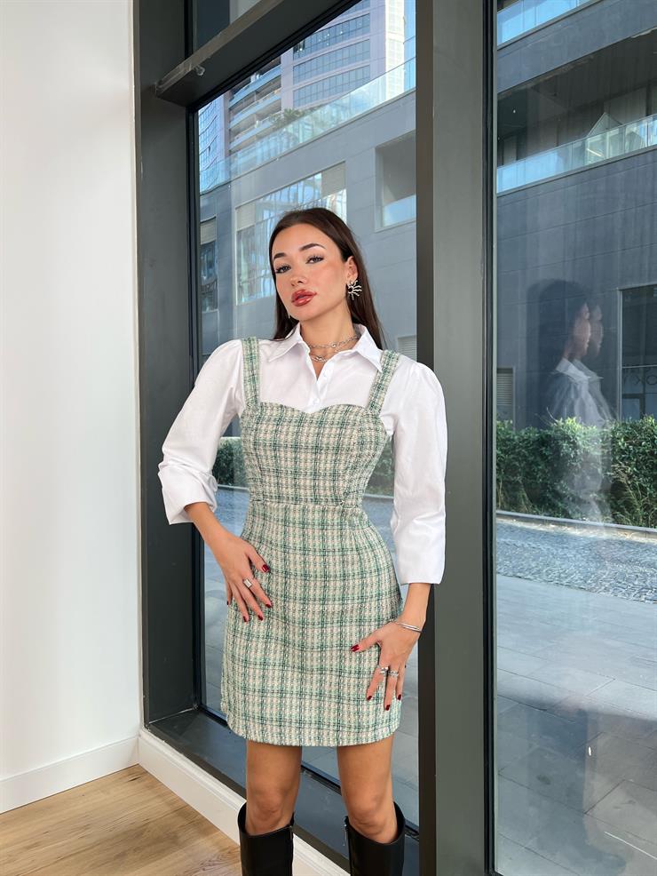 Kalın Askılı içi Gömlekli Jefferson Kadın Yeşil Tüvit Mini Elbise 24k000093