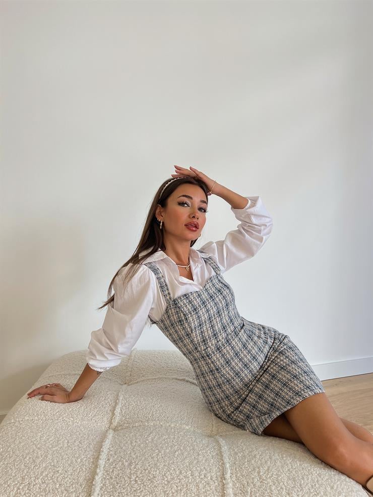 Kalın Askılı içi Gömlekli Jefferson Kadın Mavi Tüvit Mini Elbise 24k000093