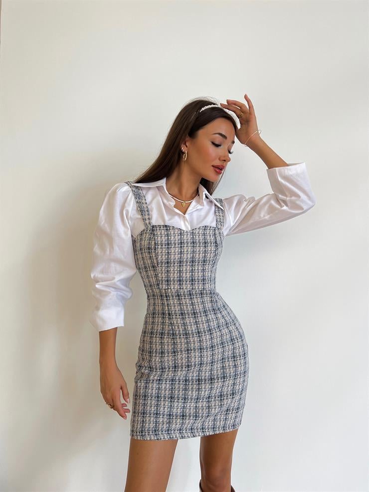 Kalın Askılı içi Gömlekli Jefferson Kadın Mavi Tüvit Mini Elbise 24k000093