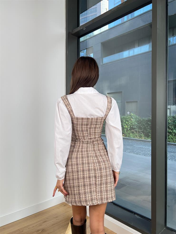 Kalın Askılı içi Gömlekli Jefferson Kadın Kahve Tüvit Mini Elbise 24k000093