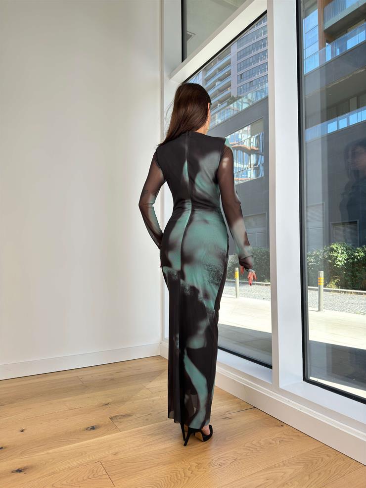 Omuz Vatkalı Tül Kol Jehu Renkli Kadın Elbise 25K251