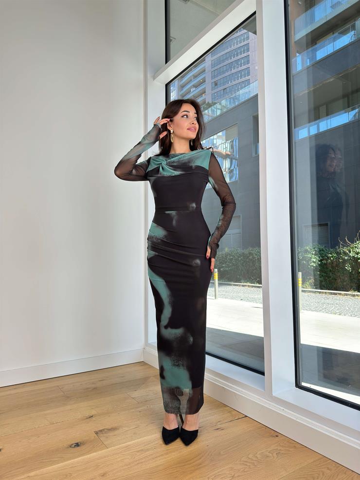 Omuz Vatkalı Tül Kol Jehu Renkli Kadın Elbise 25K251