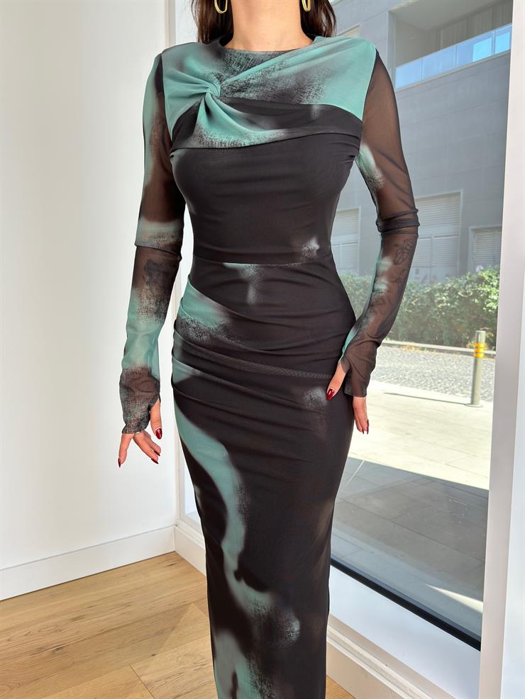 Omuz Vatkalı Tül Kol Jehu Renkli Kadın Elbise 25K251