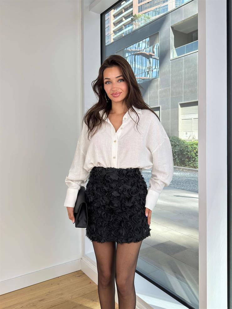 Kabarık Gül Detaylı Jenelle Siyah Kadın Mini Etek 25K134