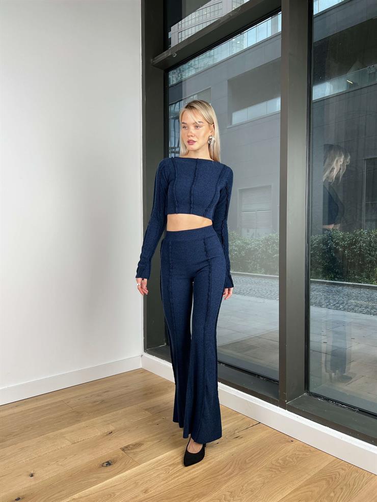 Uzun Kollu Crop Bol Paça Pantolon Jenny Kadın Lacivert Ters Dikişli Triko Takım 24k313