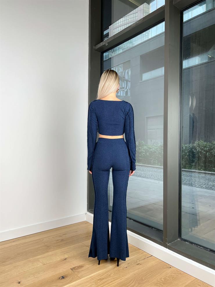Uzun Kollu Crop Bol Paça Pantolon Jenny Kadın Lacivert Ters Dikişli Triko Takım 24k313