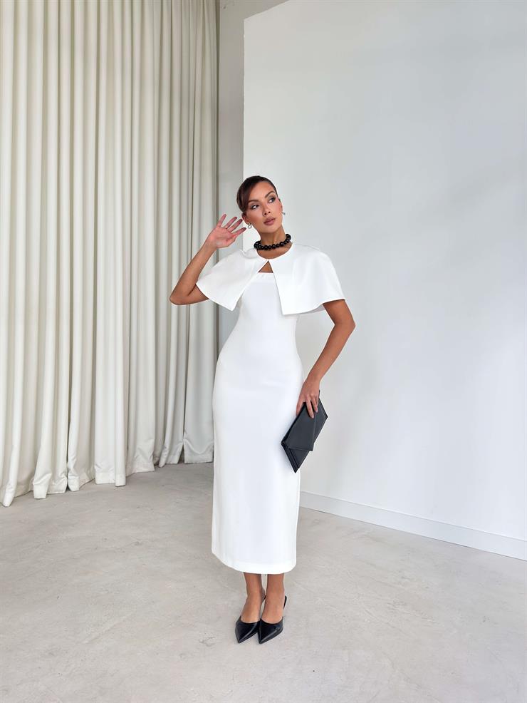 Pelerinli Straplez Arkası Yırtmaçlı Jeremy Beyaz Kadın Elbise 26K257