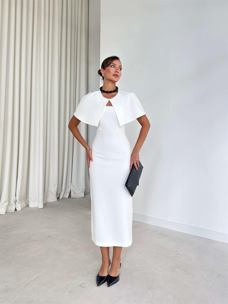 Pelerinli Straplez Arkası Yırtmaçlı Jeremy Beyaz Kadın Elbise 26K257