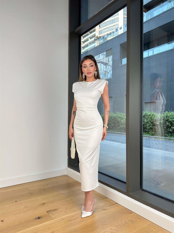 Yuvarlak Yaka Drapeli Jesep Beyaz Kadın Elbise 25Y065