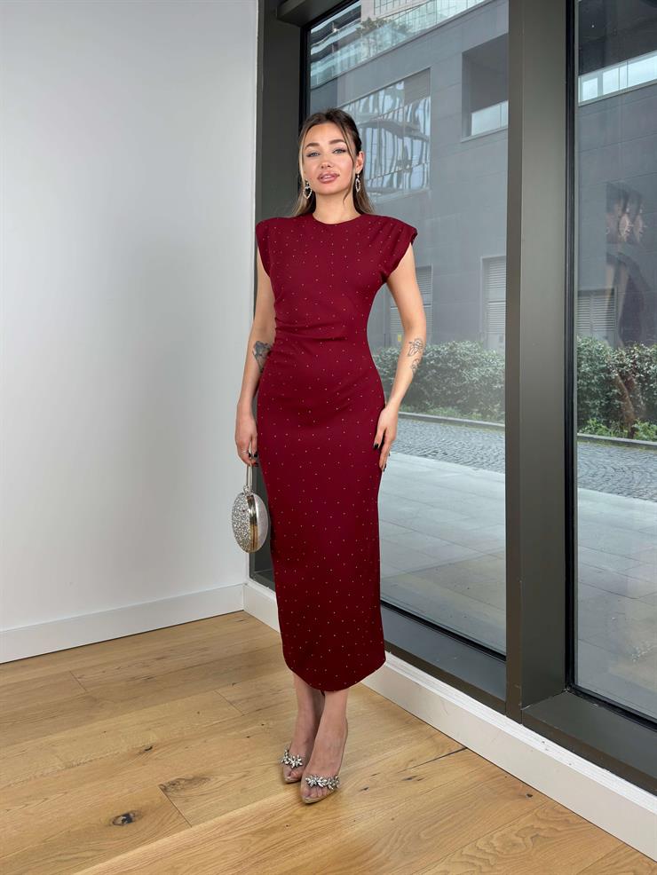 Yuvarlak Yaka Drapeli Jesep Bordo Kadın Elbise 25Y065