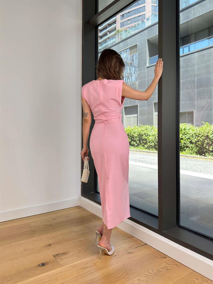 Yuvarlak Yaka Drapeli Jesep Pembe Kadın Elbise 25Y065