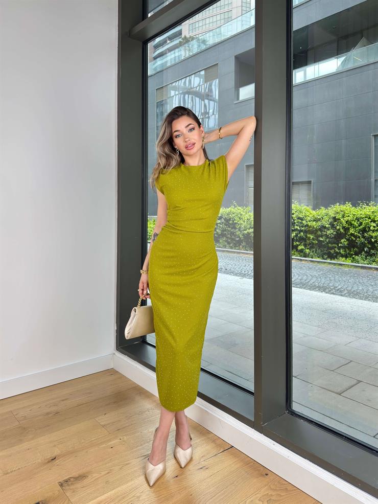 Yuvarlak Yaka Drapeli Jesep Yeşil Kadın Elbise 25Y065