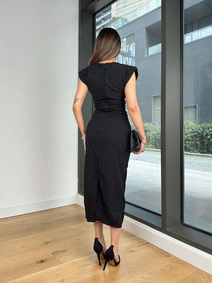 Yuvarlak Yaka Drapeli Jesep Siyah Kadın Elbise 25Y065