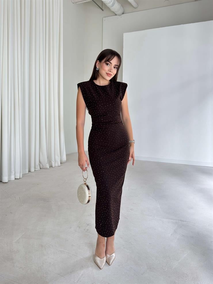 Yuvarlak Yaka Drapeli Jesep Kahve Kadın Elbise 25Y065