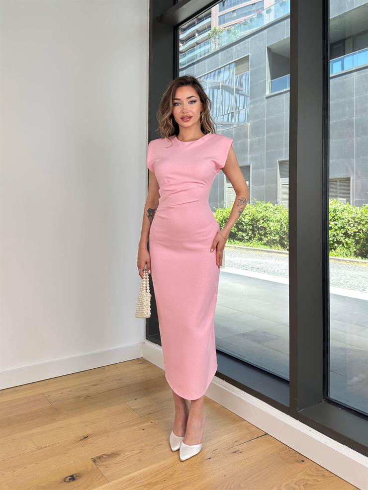 Yuvarlak Yaka Drapeli Jesep Pembe Kadın Elbise 25Y065