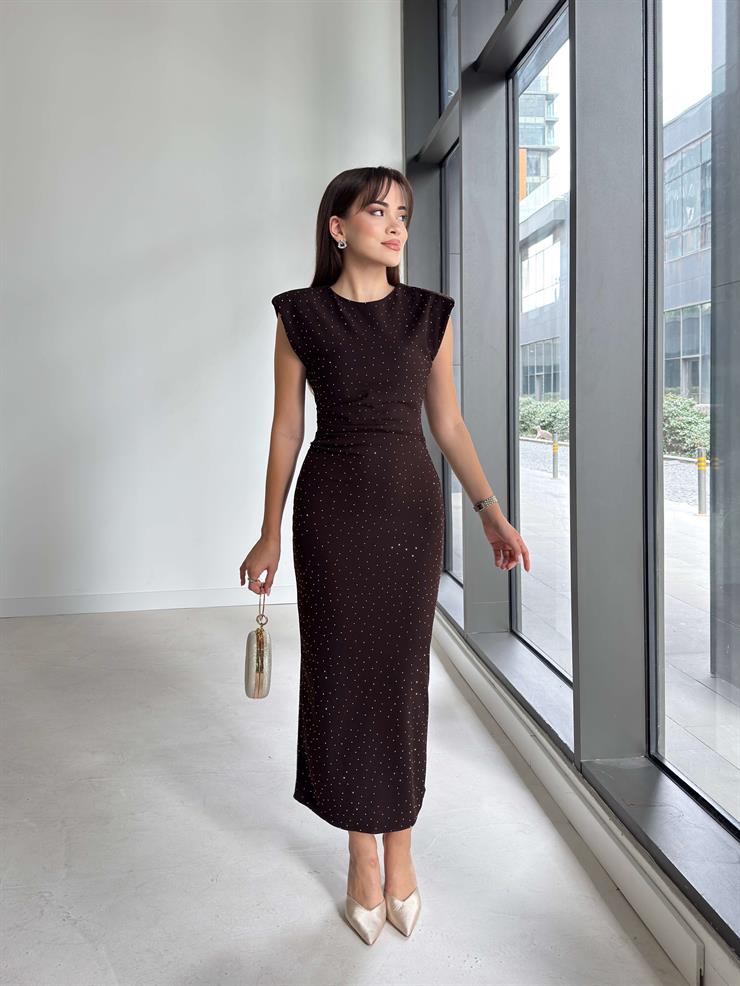 Yuvarlak Yaka Drapeli Jesep Kahve Kadın Elbise 25Y065