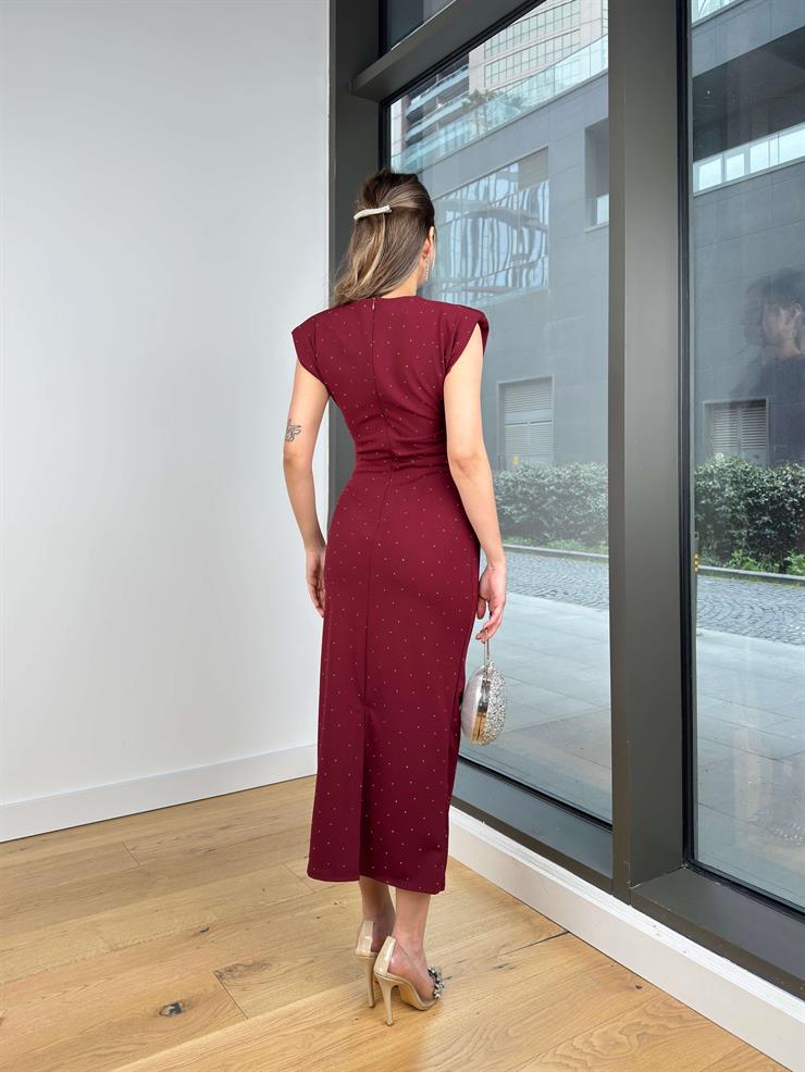 Yuvarlak Yaka Drapeli Jesep Bordo Kadın Elbise 25Y065