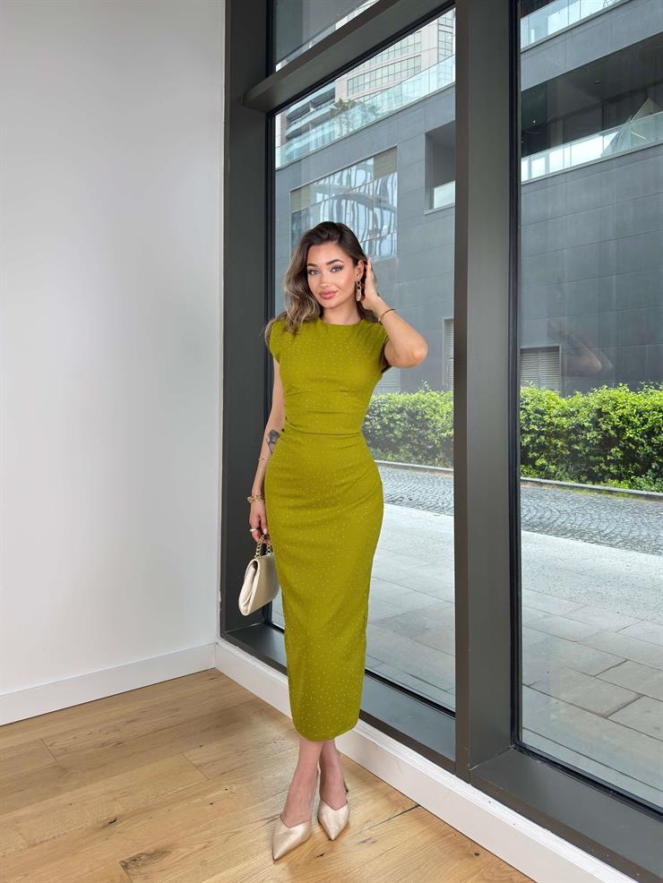 Yuvarlak Yaka Drapeli Jesep Yeşil Kadın Elbise 25Y065