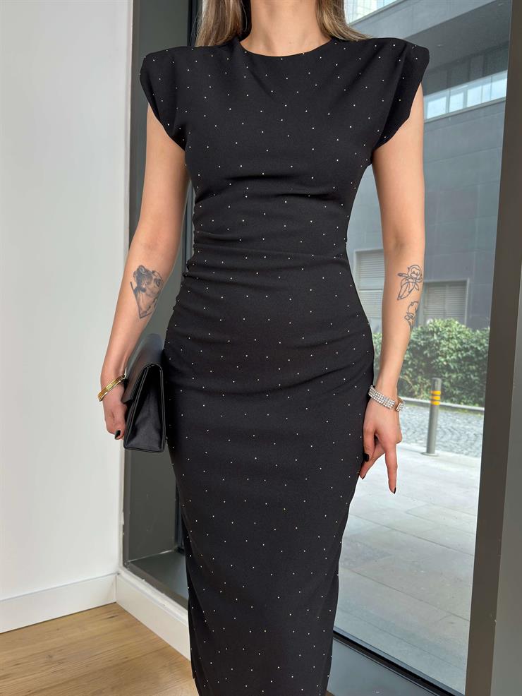 Yuvarlak Yaka Drapeli Jesep Siyah Kadın Elbise 25Y065