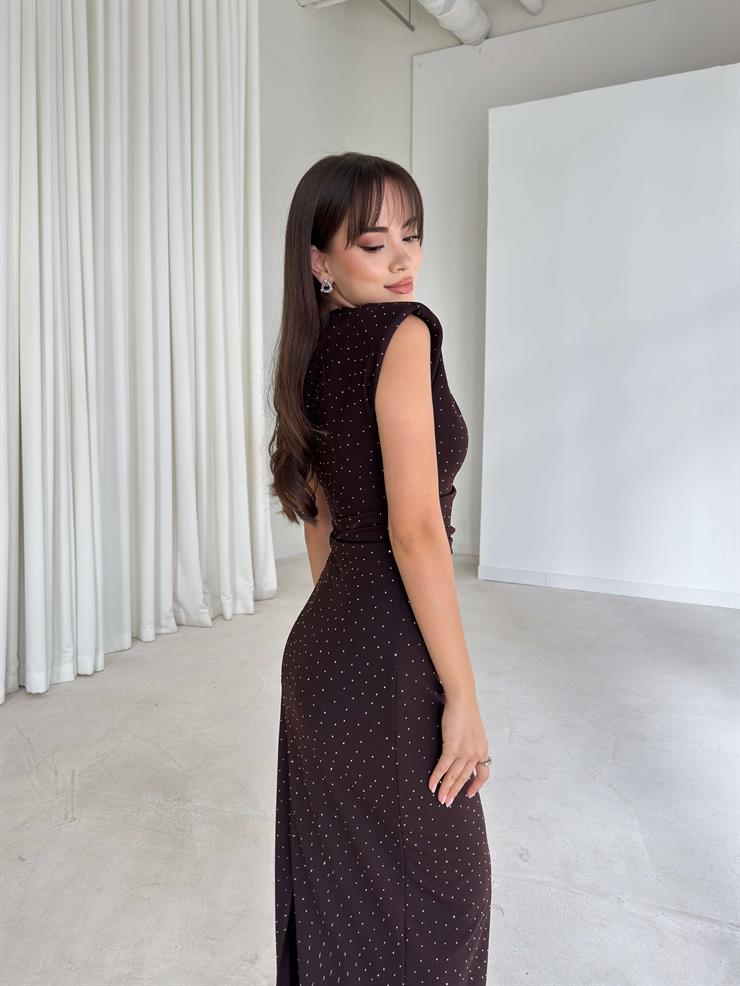 Yuvarlak Yaka Drapeli Jesep Kahve Kadın Elbise 25Y065