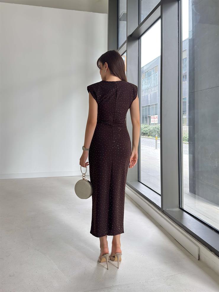 Yuvarlak Yaka Drapeli Jesep Kahve Kadın Elbise 25Y065